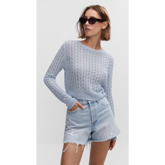 Mango MNG Andy Straight Frayed Hem Denim Shorts Womens Size 8 Blue Jeans New - Picture 1 of 14